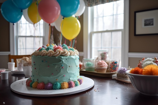 Tort z niebieskim lukrem i bukietem kolorowych balonów na stole.