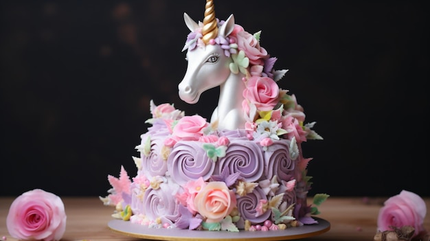 Zdjęcie torta urodzinowa jednorożca z kwiatami