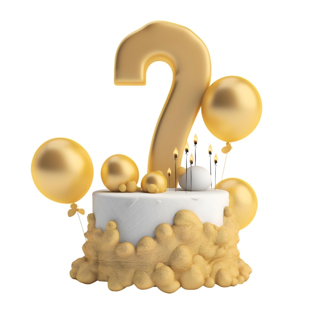 Torta urodzinowa numer 2 ze złotymi balonami i świecami 3D wyizolowana na białym tle