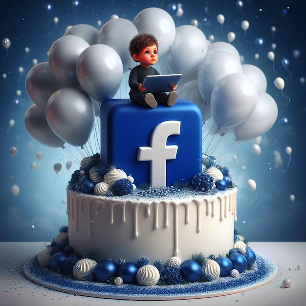 Torta z logo Facebooka Powyżej jest chłopiec patrzący na zakładkę Wiele logo Facebooka Ai generuje