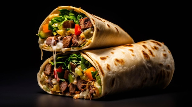 Tortilla wrap z wołowiną i warzywami na drewnianym tle