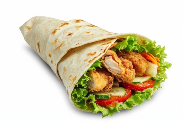 Tortilla Wrap ze smażonym mięsem z kurczaka i warzywami izolowanymi na białym tle