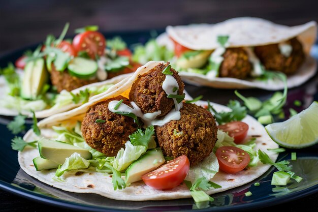 Tortilla z falafelem i świeżą sałatką Wegan tacos Wegetariańskie zdrowe jedzenie