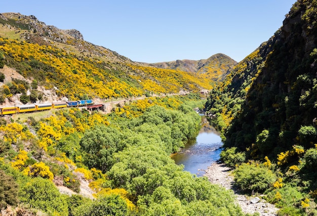 Tory kolejowe w górę wąwozu Taieri w Nowej Zelandii