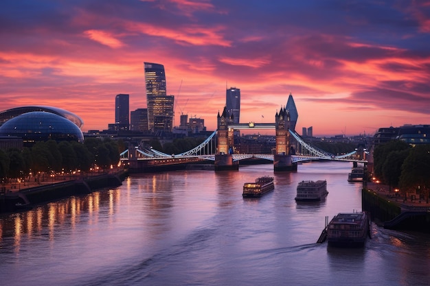 Tower Bridge i panoramę Londynu o zachodzie słońca. UK Zdjęcie panoramy Londynu o wschodzie słońca. Wygenerowano sztuczną inteligencję