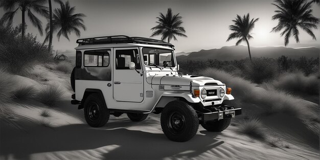 Toyota Land Cruiser Fj40 Samochód Palmy Zachód słońca Czarno-biały Still Digital Art Perfect Composite