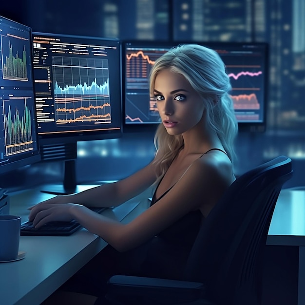 Trader Trading Girl Kobieta siedzi przy biurku przed trzema monitorami komputerowymi