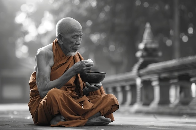 tradycja buddyjski mnich jedzący z miską rano