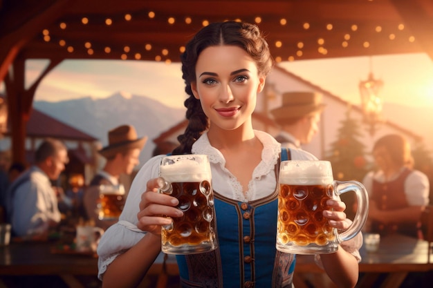 Tradycja Oktoberfest Kelnerka w tradycyjnych ubraniach i trzymająca piwo na festiwalu