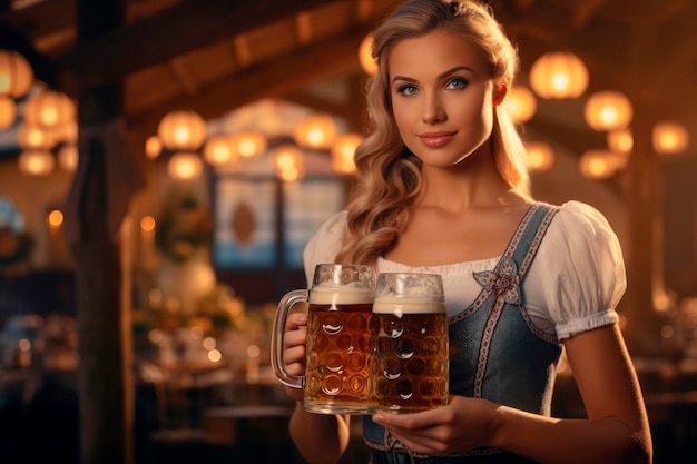 Tradycja Oktoberfest Kelnerka w tradycyjnych ubraniach i trzymająca piwo na festiwalu