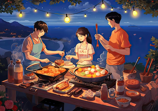 tradycyjna azjatycka rodzina przygotowująca grilla w nocy w stylu inspirowanym grafiką