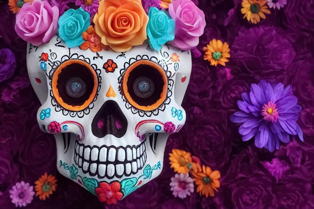 Tradycyjna Calavera Sugar Skull ozdobiona kwiatami Dzień zmarłych Ilustracja 3D