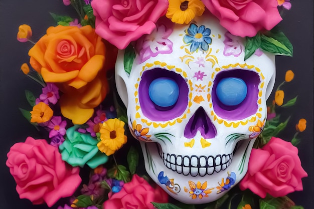 Tradycyjna Calavera Sugar Skull ozdobiona kwiatami Dzień zmarłych Ilustracja 3D