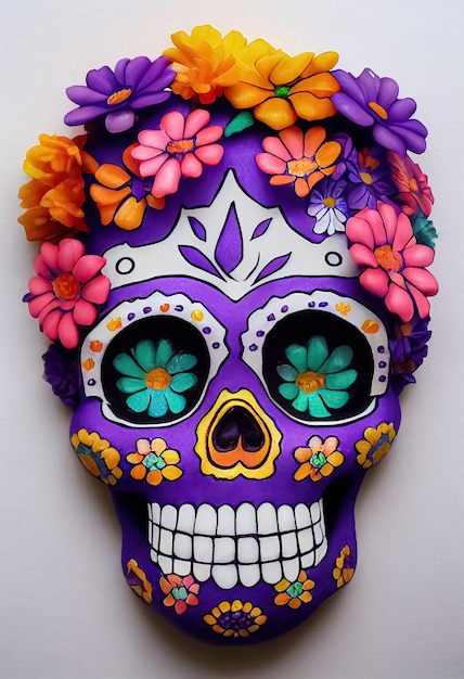 Tradycyjna Calavera Sugar Skull ozdobiona kwiatami Dzień zmarłych Ilustracja 3D