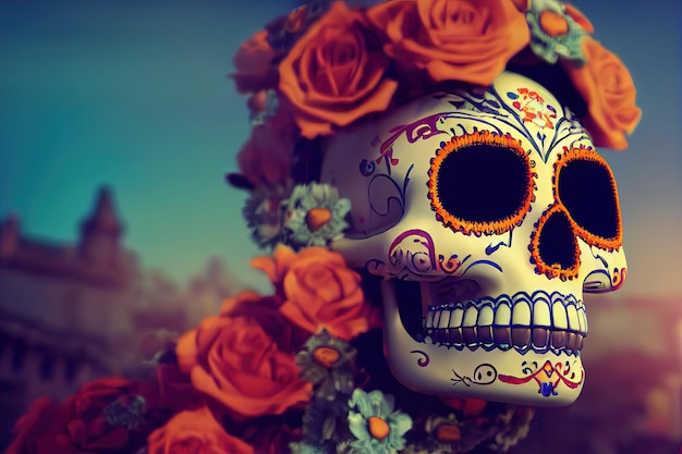 Tradycyjna Calavera Sugar Skull ozdobiona kwiatami Dzień zmarłych Ilustracja 3D