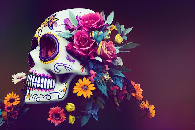 Tradycyjna Calavera Sugar Skull ozdobiona kwiatami Dzień zmarłych Ilustracja 3D