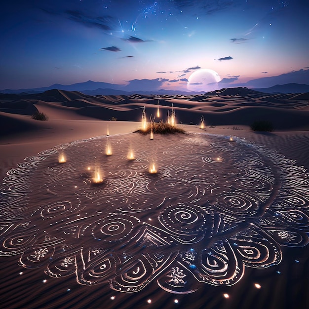 Tradycyjna dekoracja Diwali w mistycznym rozgwieżdżonym piasku pustyni Generative AI