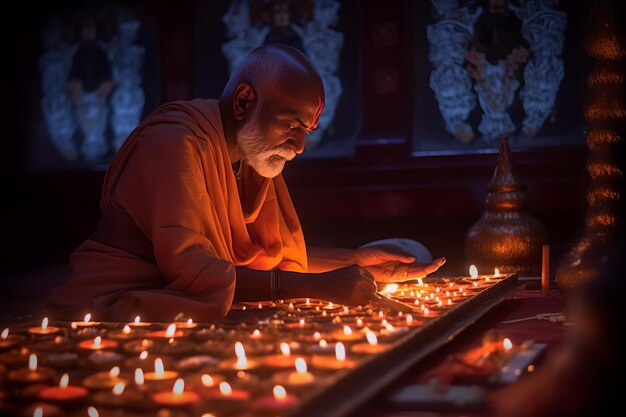 Tradycyjna Diwali Puja w świątyni przy świecach