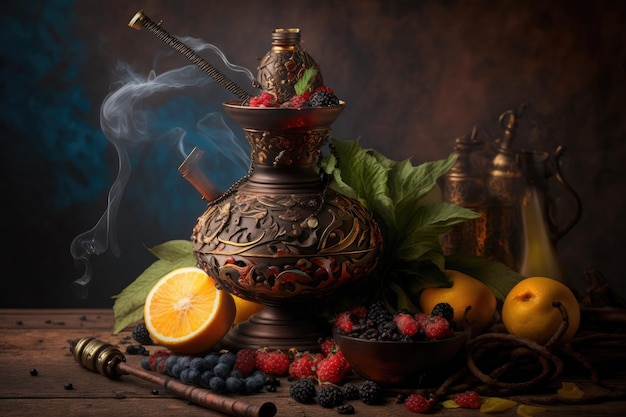 Tradycyjna domowa fajka wodna z ciemnego drewna z dekoracją owocową