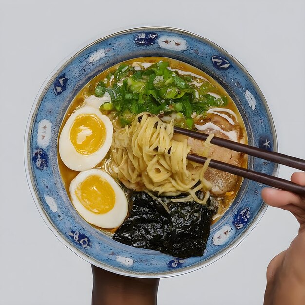 Zdjęcie tradycyjna japońska miska ramen z jajem wieprzowym i warzywami na białym tle