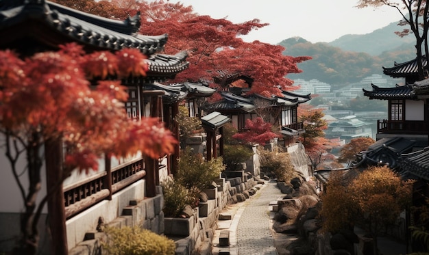tradycyjna japońska wioska w porze jesiennej