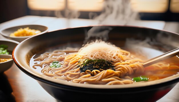 Tradycyjna japońska zupa ramen z bulionem mięsnym Azjatycki makaron wodorosty pokrojone jajka wieprzowe i marynowany imbir Kuchnia azjatycka Gorąca pyszna zupa ramen