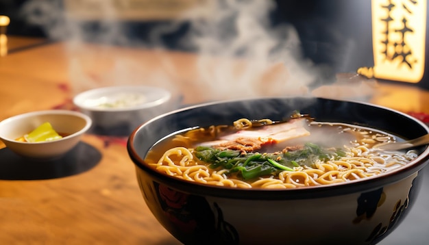Tradycyjna japońska zupa ramen z bulionem mięsnym Azjatycki makaron wodorosty pokrojone jajka wieprzowe i marynowany imbir Kuchnia azjatycka Gorąca pyszna zupa ramen