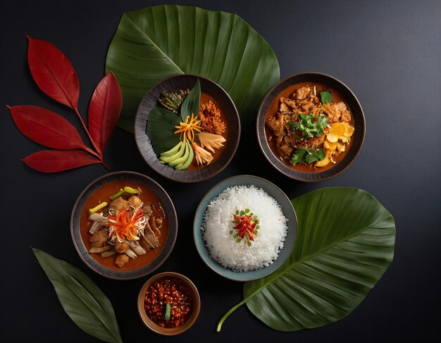 Tradycyjna kuchnia indonezyjska jest aranżowana wraz z dekoracyjnymi liśćmi na ciemnym tle
