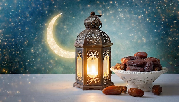 Tradycyjna lampa latarni Ramadanu i Eid z datami półksiężyca i owocami w misce na dywanie Gen