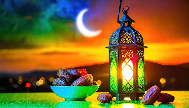 Tradycyjna lampa latarni Ramadanu i Eid z datami półksiężyca i owocami w misce na dywanie Gen