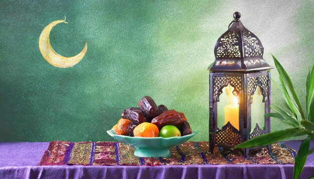 Tradycyjna lampa latarni Ramadanu i Eid z datami półksiężyca i owocami w misce na dywanie