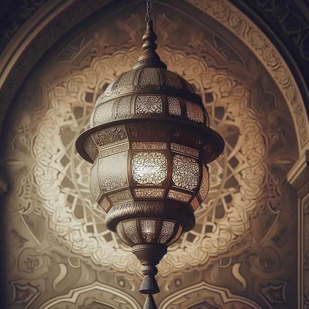 Tradycyjna lampa meczetowa spokojnie oświetla sale modlitwy na cichym tle