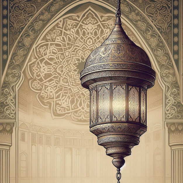 Tradycyjna lampa meczetowa spokojnie oświetla sale modlitwy na cichym tle