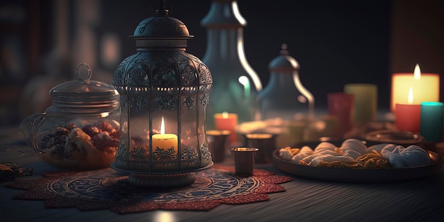 Tradycyjna latarka ze świeczkowym sztandarem w stylu islamskim do wyświetlania produktów piękne muzułmańskie zaproszenie eid mubarak