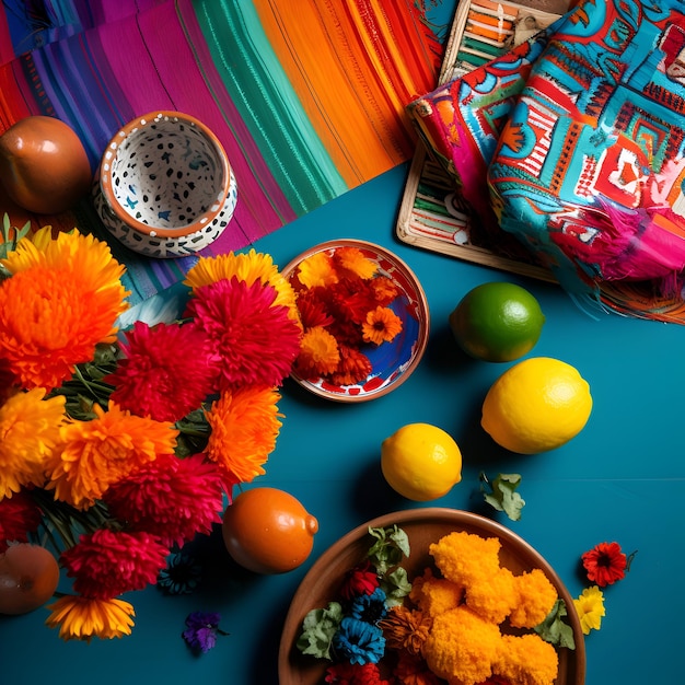 Zdjęcie tradycyjna meksykańska dekoracja stołu z kolorowymi kwiatami i owocami na niebieskim tle
