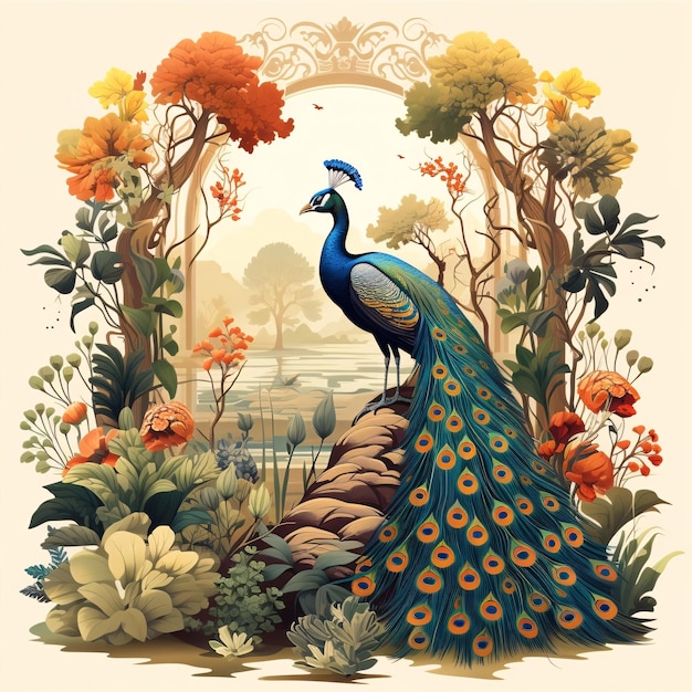 Tradycyjna Mughal Garden Arch Peacock roślina i ilustracja ptaka