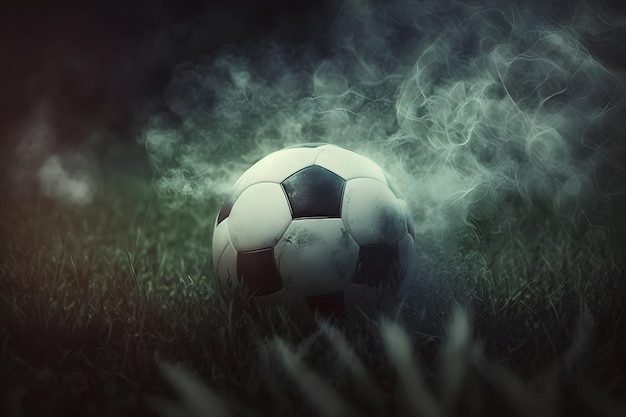 Tradycyjna piłka na boisko do piłki nożnej na zielonej trawie z ciemnym tłem stonowanych mglisty Sztuka generowana przez sieć neuronową