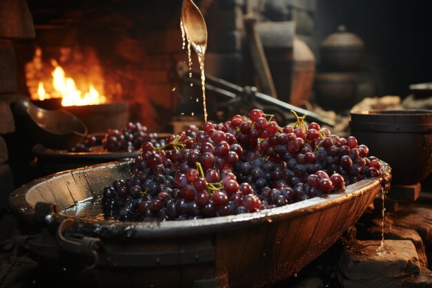 Zdjęcie tradycyjna praska do wina w działaniu wyciskająca winogrona do soku generatywna sztuczna inteligencja