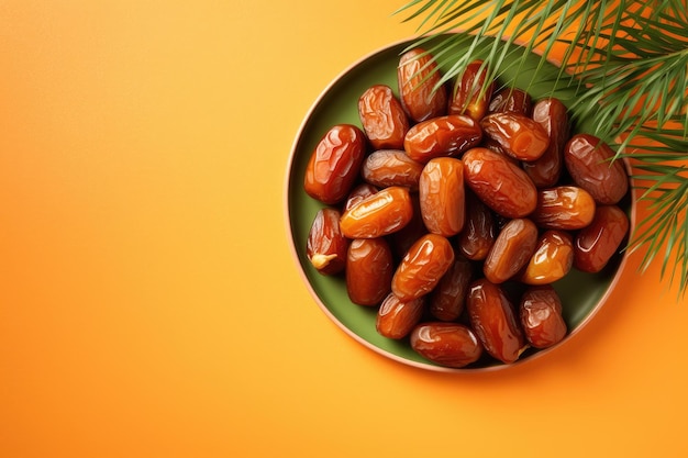 Tradycyjna przekąska Ramadan Kareem dla dojrzałych daktyli Iftar Suhoor na pomarańczowym tle, słodki arabski