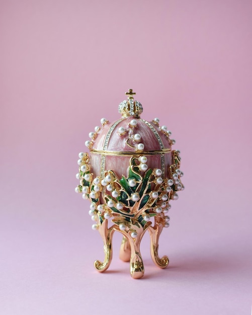 Tradycyjna rosyjska pamiątka w stylu Faberge emaliowane na różowo pozłacane jajko ozdobione drogocennymi kryształami i perłami kopia słynnego jajka Faberge Konwalie