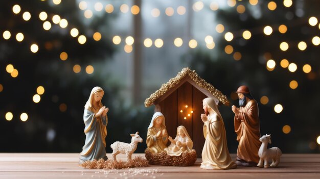 Zdjęcie tradycyjna scena bożego narodzenia na drewnianym stole z niewyraźnymi świątecznymi światłami w tle