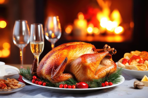 Tradycyjna świąteczna kolacja z pieczonym kurczakiem, pieczonym indykiem na świątecznym stole z winem i świecami przed płonącym kominkiem, Sylwester w przytulnym pokoju