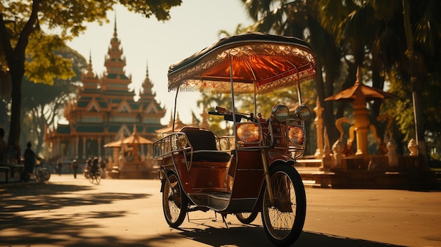 tradycyjna taksówka rowerowa Riksha przed Pomnikiem Niepodległości w Sihanouk