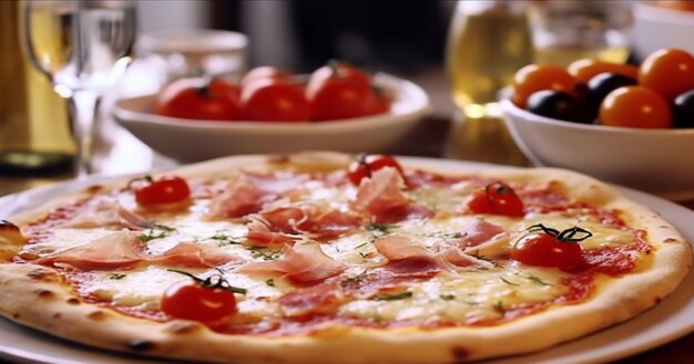 Zdjęcie tradycyjna włoska pizza z szynką pomidorową serem mozzarella koncepcja kuchni restauracji wygenerowana sztuczna inteligencja