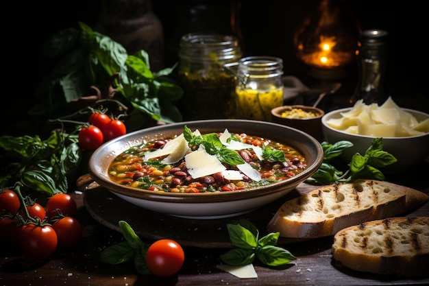 Tradycyjna włoska zupa minestrone na rustykalnym stole z składnikami