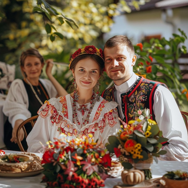 Zdjęcie tradycyjne białoruskie wesele mężczyzna i kobieta przy stole