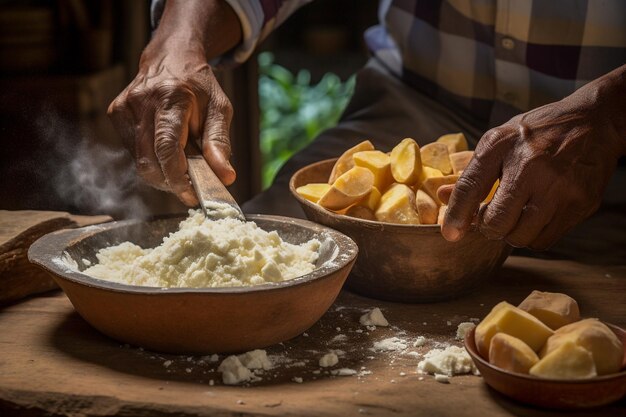Tradycyjne brazylijskie jedzenie: skrobia z manioku na rustykalnym stole