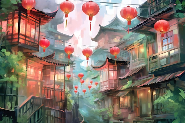 Tradycyjne chińskie domy i latarnie w Szanghaju Chiny Ilustracja malarstwa