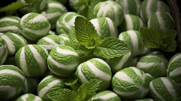 Zdjęcie tradycyjne cukierki z mięty pieprzowej na zielono-białym tle