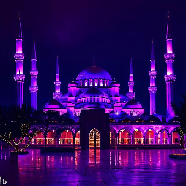 Tradycyjne islamskie kontury meczetu na fioletowym tle